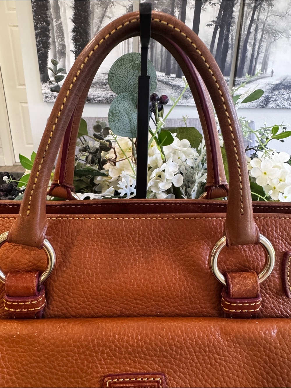 🦆Dooney & Bourke Florentine Pocket Satchel Natural Tan Cognac Leather Crossbody - Picture 6 of 16